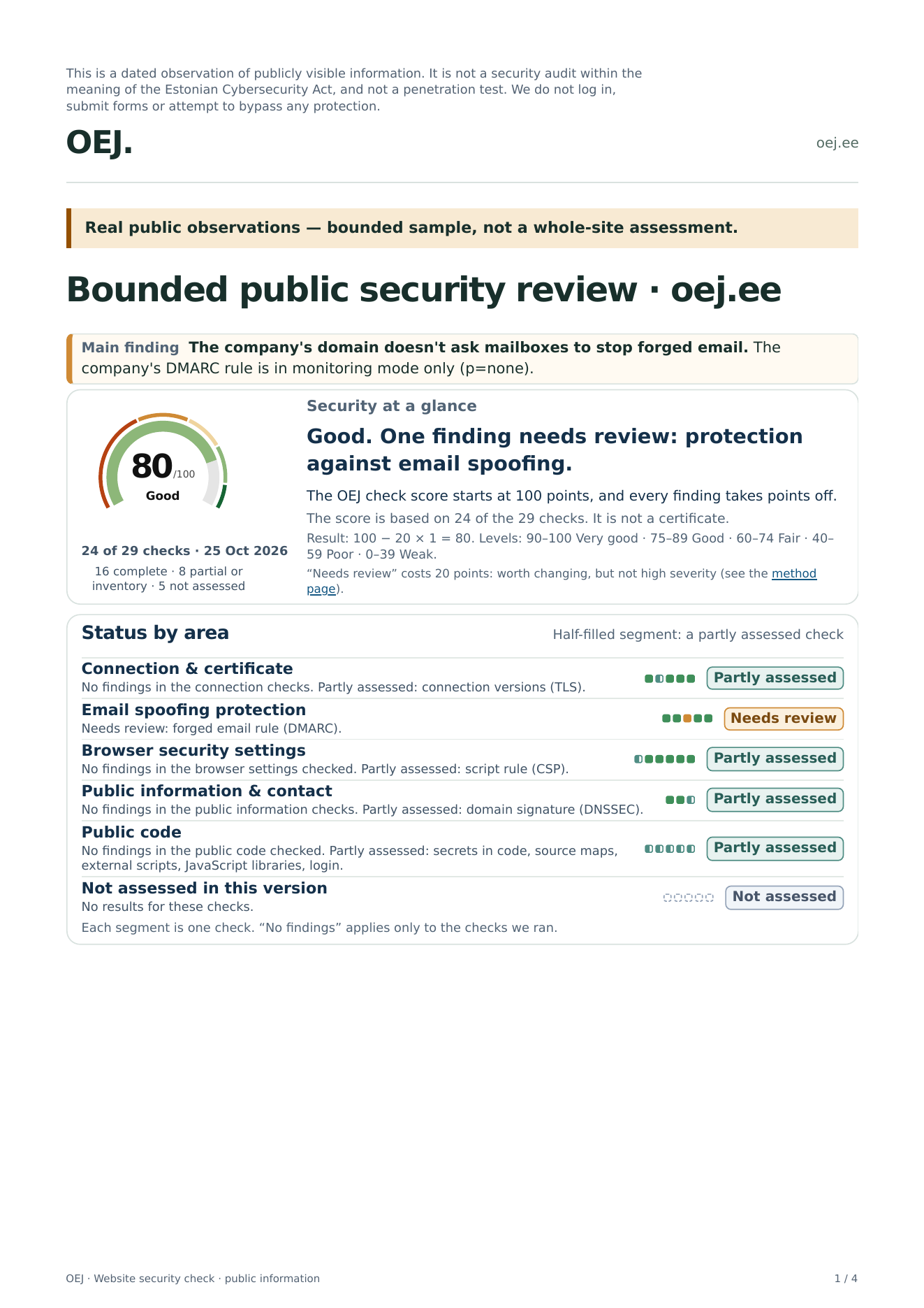 Page 1 of the oej.ee full report in partner view: a score of 80/100, Good, the main finding and the status by area.