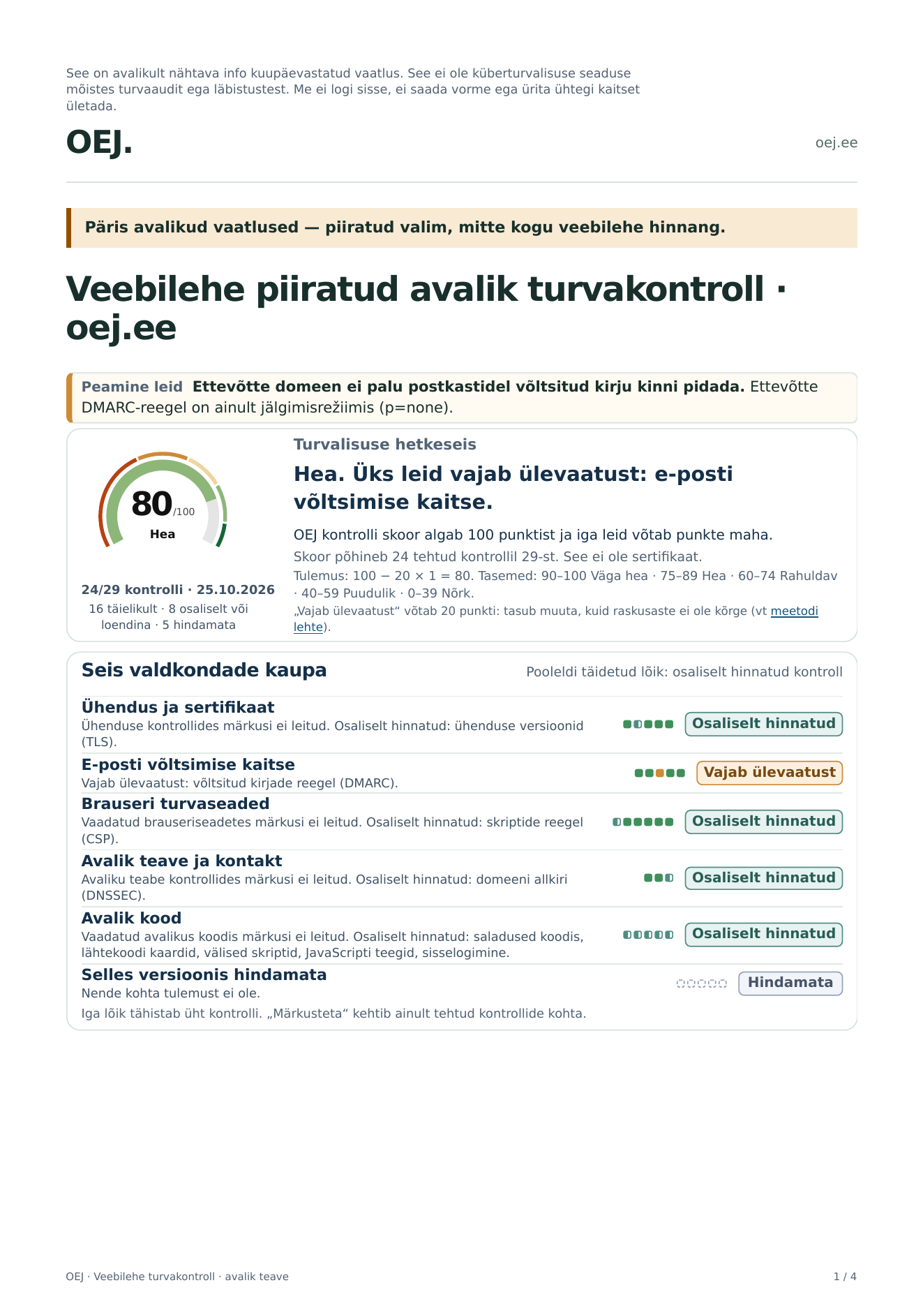 oej.ee täisaruande esimene lehekülg partneri vaates: skoor 80/100, Hea, peamine leid ja seis valdkondade kaupa.