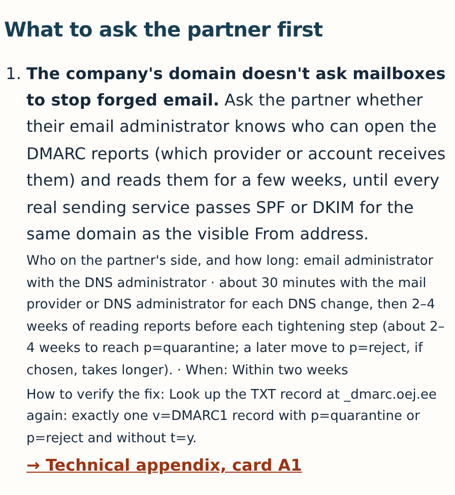 Excerpt from the oej.ee full report in partner view: “What to ask the partner first” and the question about email spoofing protection (DMARC).