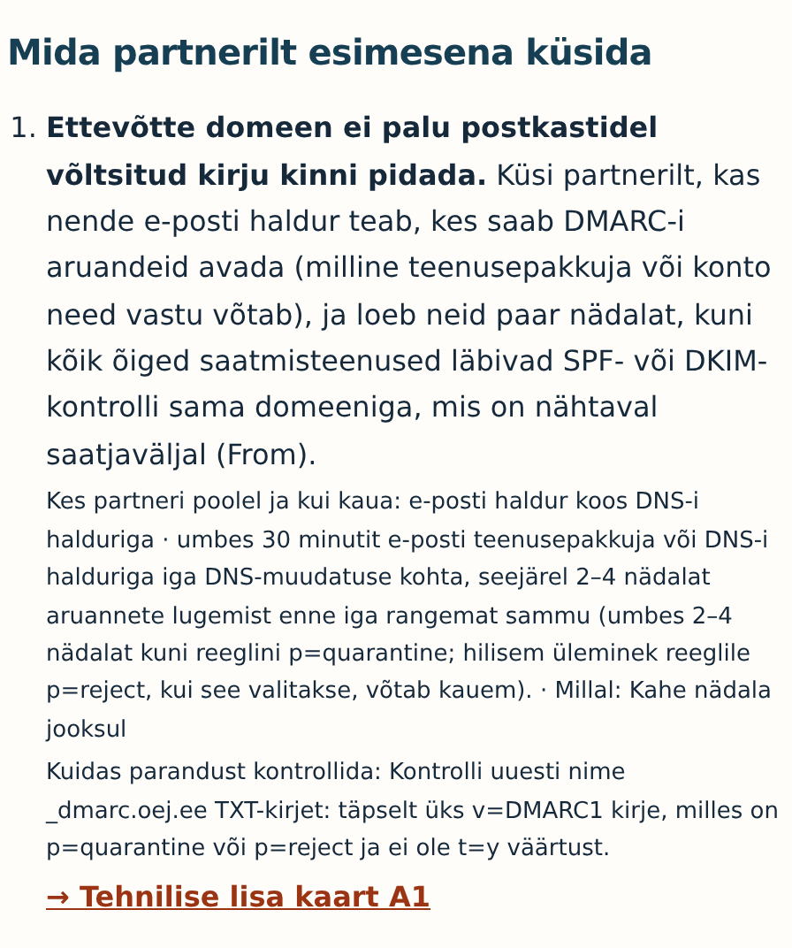 Väljavõte oej.ee täisaruandest partneri vaates: „Mida partnerilt esimesena küsida“ ja küsimus e-posti võltsimise kaitse (DMARC) kohta.