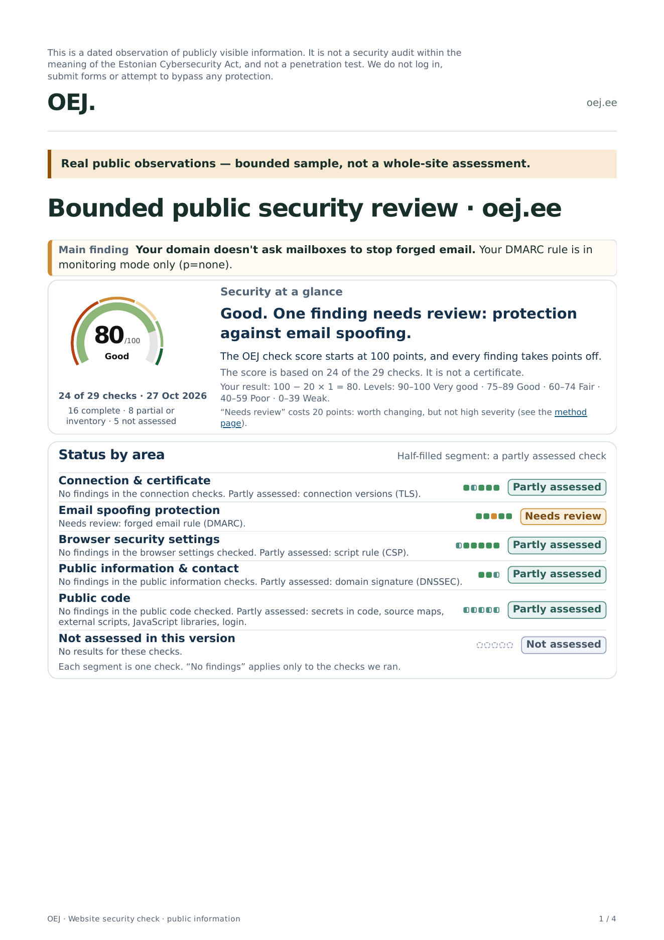 Page 1 of the oej.ee full report: a score of 80/100, Good, the main finding and the status by area.