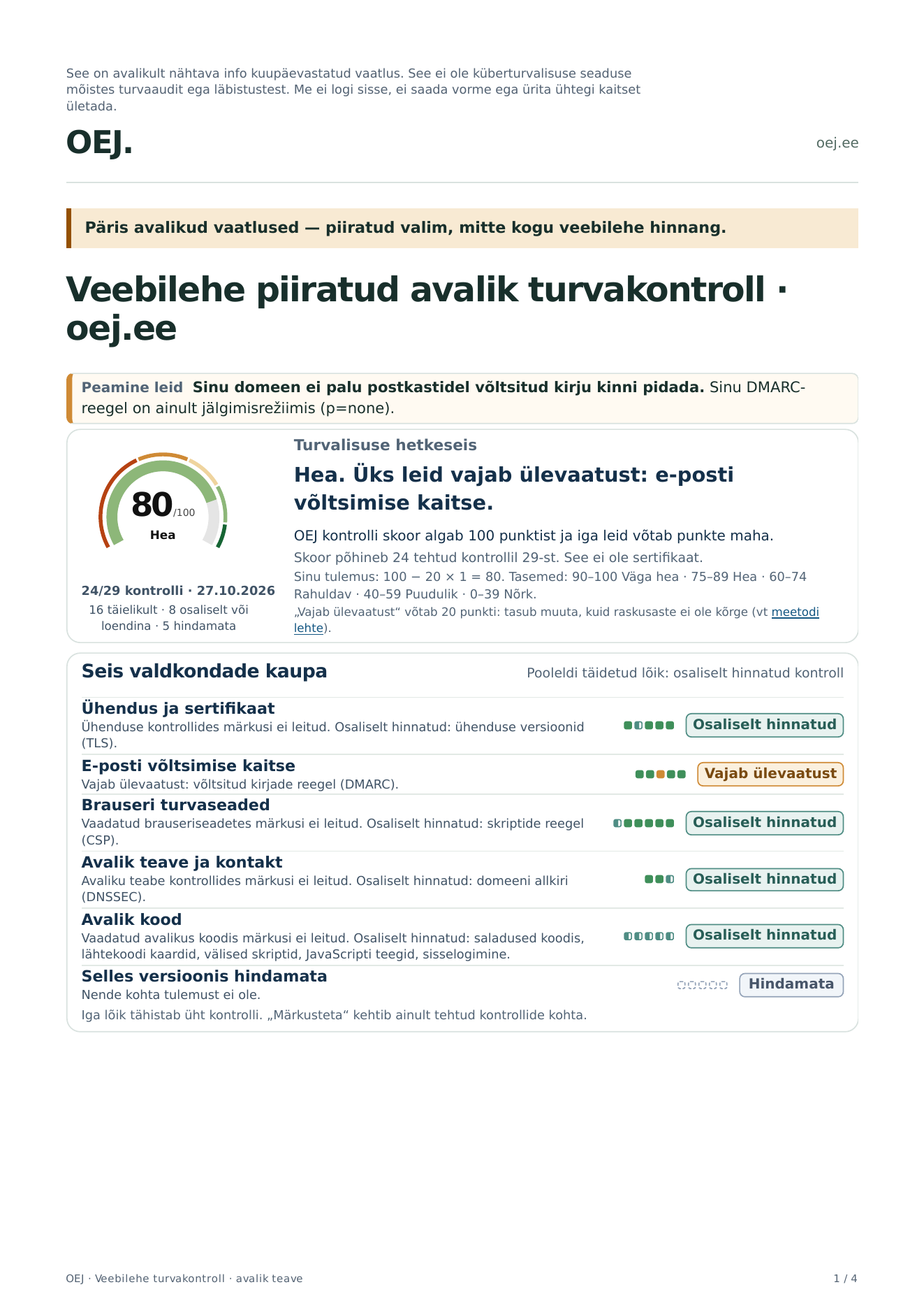 oej.ee täisaruande esimene lehekülg: skoor 80/100, Hea, peamine leid ja seis valdkondade kaupa.